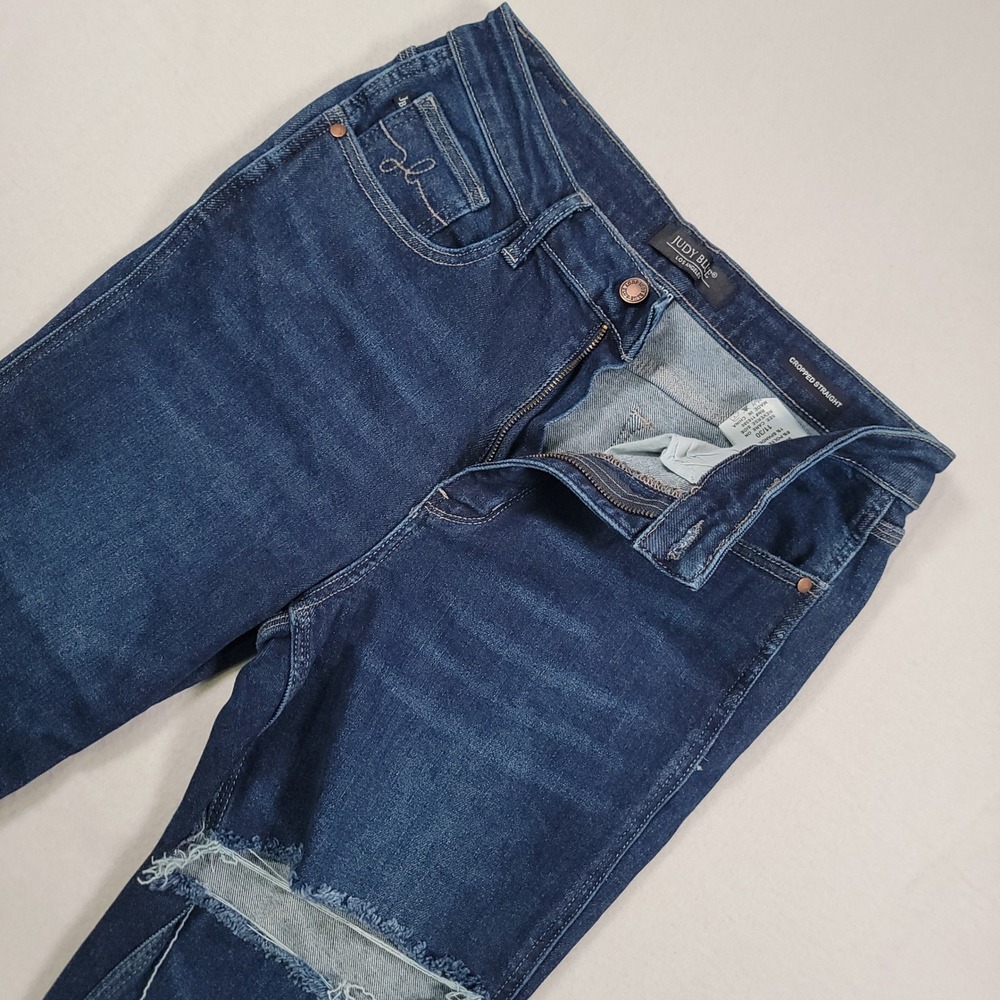 Judy Blue Betsy Cropped Straight Jeans Womens 11/30 Dark Wash Distressed